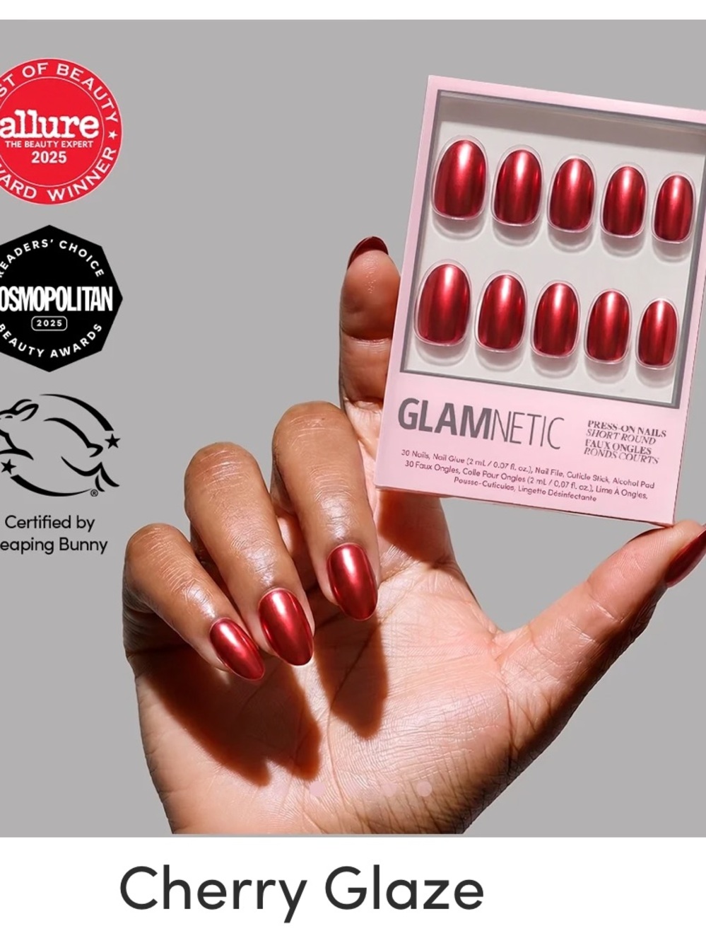GLAMnetic Cherry Glaze Short Round Press-On Nails — Bold Red